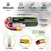 2 x OVONIC 11.1V 80C 450mAh 3S Lipo Battery Long Size with XT30 Plug